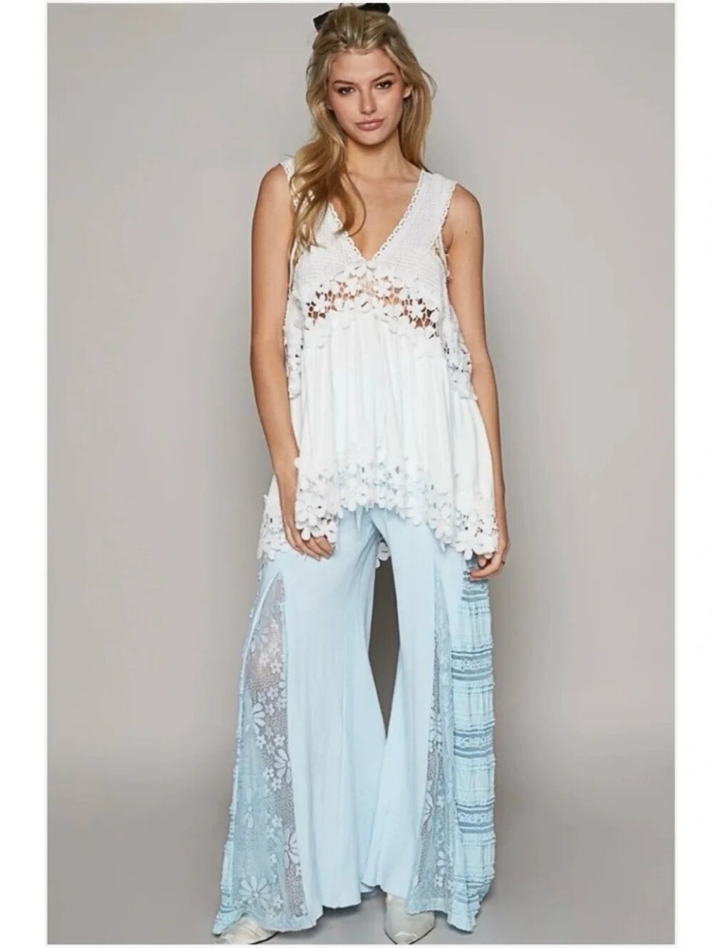 POL Light Blue Wide-Leg Lace Panel Pants Sz S - Picture 5 of 14